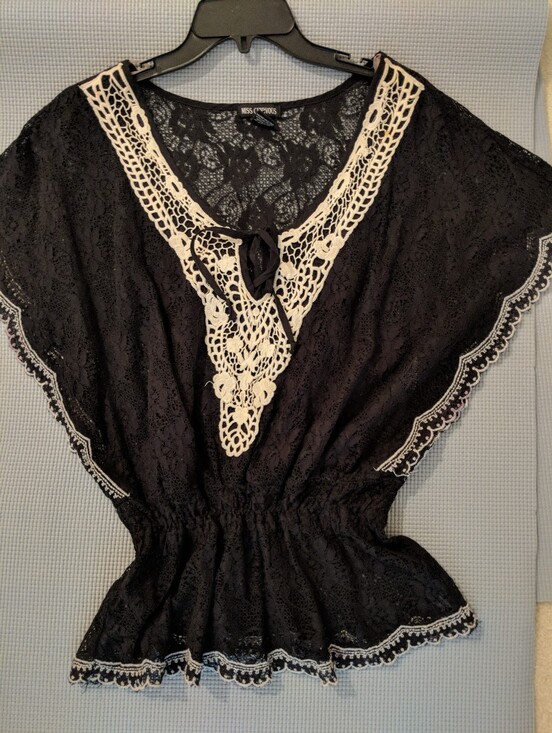 Source Unknown Tops - Black Lace Top with Cream Crochet Trim